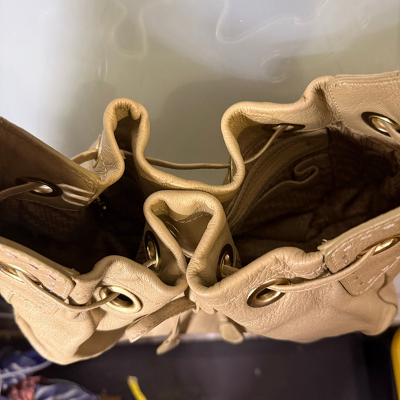 Cole Haan Metallic Beige Leather Drawstring Shoulder Bag - Picture 10 of 14